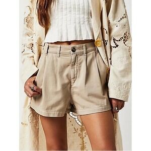 Free People Khaki Tan High-Rise Pleated Cotton Shorts